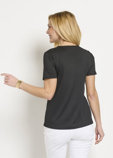 T-shirt côtelé uni droit court col V Noir