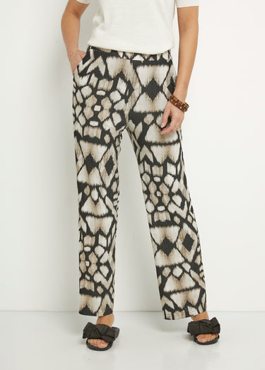Pantalon large fluide imprimé ethnique Beige/Noir