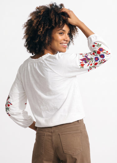 T-shirt long brodé manches 3/4 Blanc