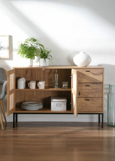 JAYA Buffet décor rotin, pieds métal Bois Clair