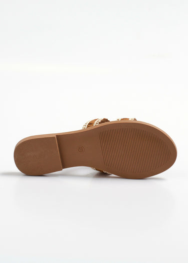 Sandales mules plates ethniques en paille Camel