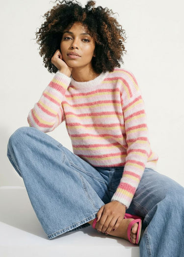 Pull duveteux col rond, rayures pastel Rose/Jaune