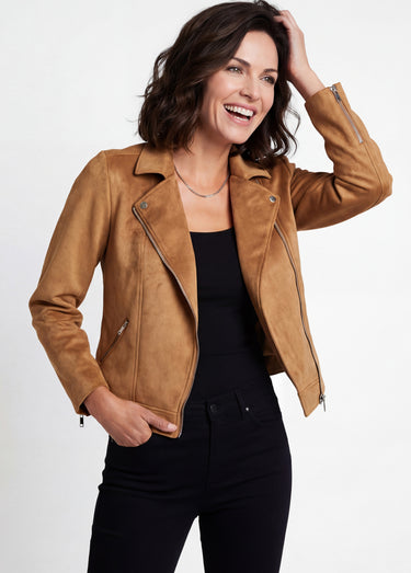 Blouson zippé court tissu suédé Camel