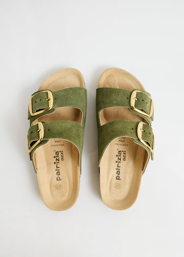 Mules ergonomiques compensées cuir à boucles Kaki
