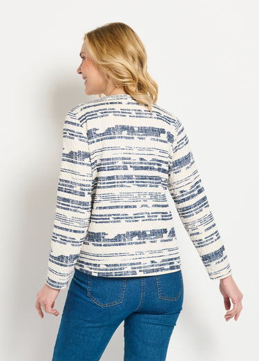 Veste courte sans col zippée irisée Ecru/Marine
