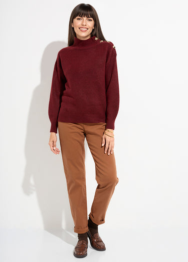 Pull col montant boutons bijou métal Bordeaux