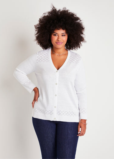 Gilet fin boutonné ajouré Ecru