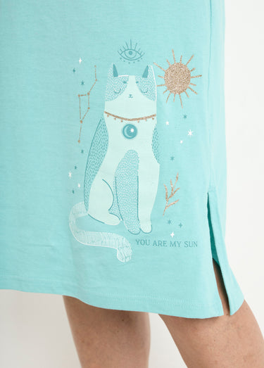 Chemise de nuit liquette mi-longue boutonnée coton Aqua