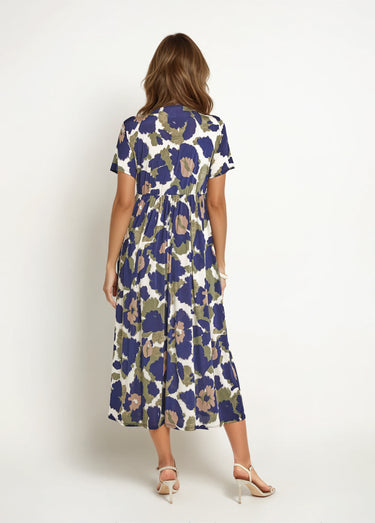 Robe longue manches courtes, fleuri stylisé Marine/Kaki