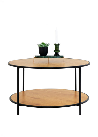 Table basse métal 2 niveaux, effet chêne Naturel