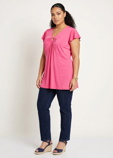 T-shirt long évasé col V drapé Uni Fuchsia