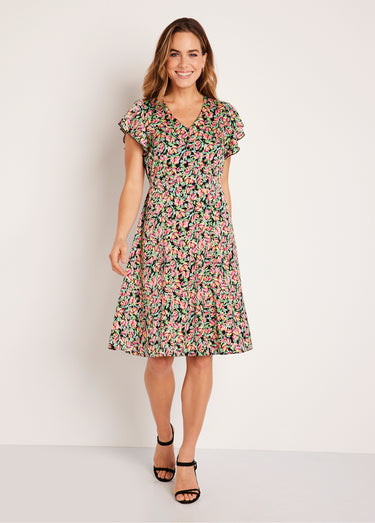 Robe courte volantée satin fleuri Vert/Rose