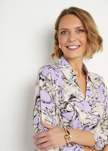 Tunique longue col chemise motif graphique Violet/ Blanc