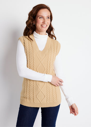 Pull col V sans manches maille fantaisie Beige