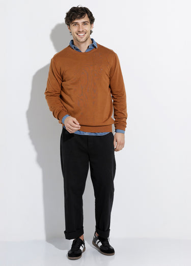 Pull fin coton, col rond manches longues Camel