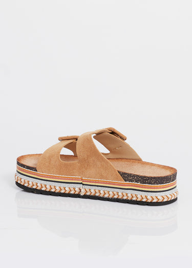 Mules compensées fantaisie à boucles Camel