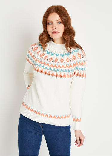 Pull chaud court col montant jacquard soleil Ecru/Aqua