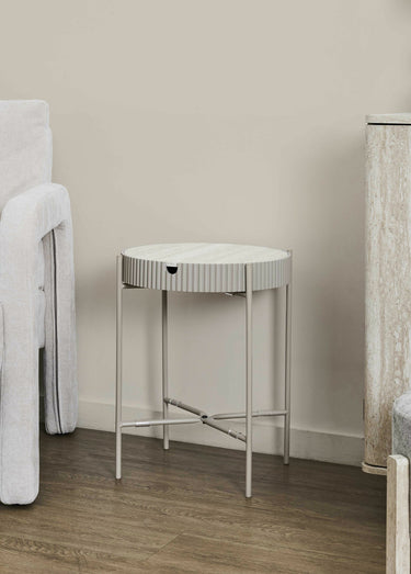 Table ronde effet pierre, avec rangement Blanc/Beige