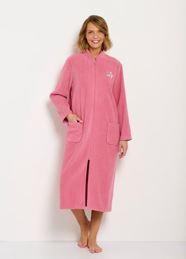 Peignoir zippé brodé chaud long polaire Vieux Rose