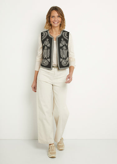 Gilet sans manches brodé style scandinave Noir
