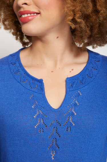 Pull-tunique motif ajouré col fantaisie Bleu