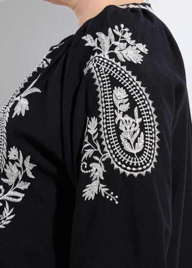 Blouse avec broderies et petit col V Noir/Ecru