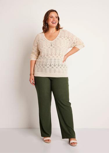 Pull manches 3/4 motif ajouré col V Ficelle