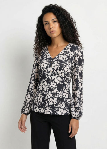 T-shirt col V boutonné évasé imprimé Noir
