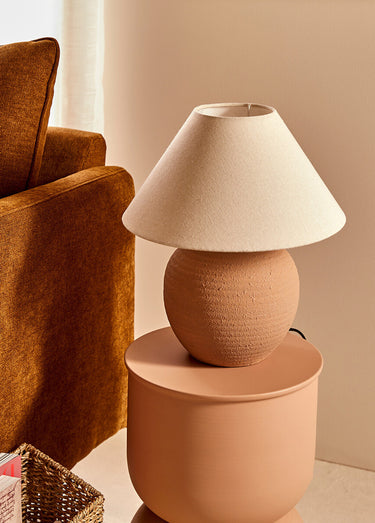 Lampe pied boule céramique abat jour lin Terracota