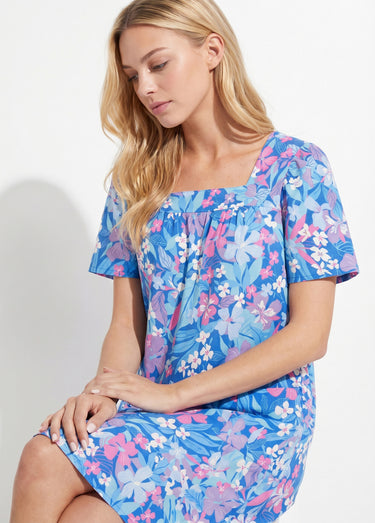 Robe-tablier courte manches courtes Bleu