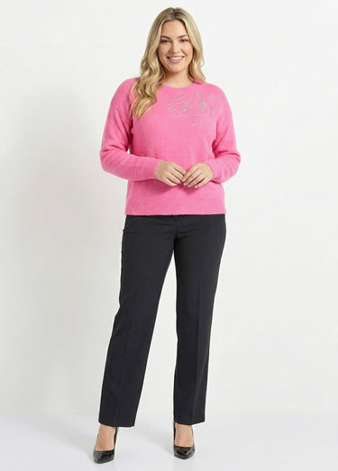 Pull doux col rond avec strass et sequins Rose