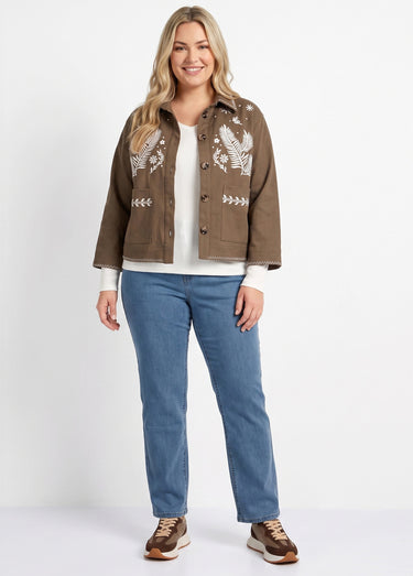 Veste courte en twill avec broderies Marron