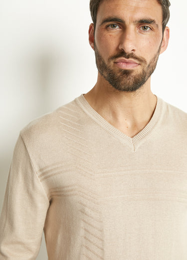 Pull col V manches longues coton Beige