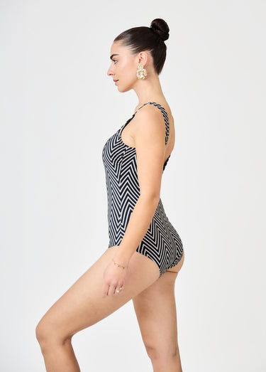 Maillot de bain 1 pièce imprimé chevrons Noir/Beige