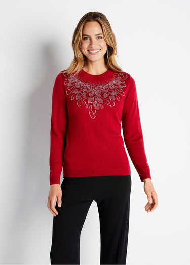 Pull doux strass col montant Rouge