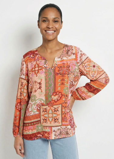 Tunique longue col V voile imprimé patchwork Orange/Ecru