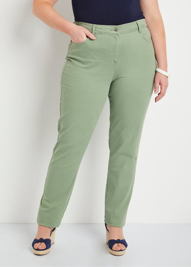 Pantalon droit coton stretch 5 poches Tilleul