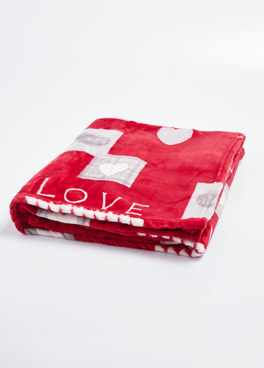 Plaid microfibre doux et chaud motif cœurs Rouge/Blanc