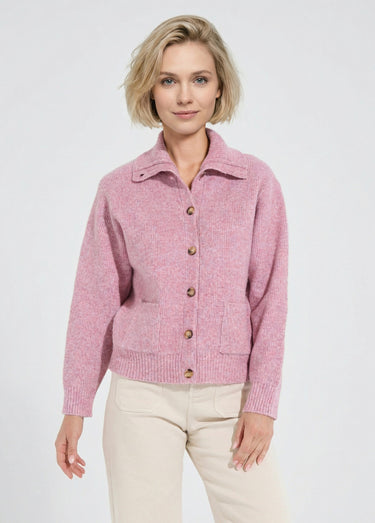 Gilet boutonné chaud côtelé avec laine et fibres recyclées Rose