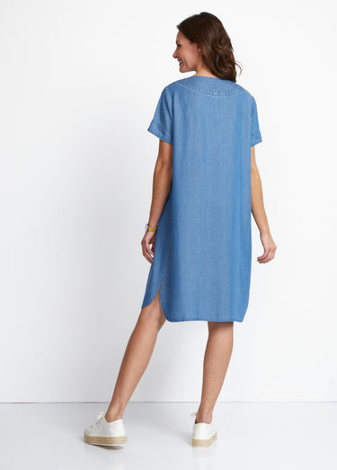 Robe courte droite tissu lyocell Bleu