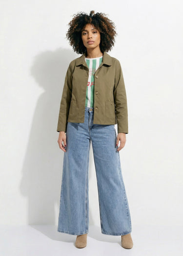Veste boite en coton, avec col claudine Kaki