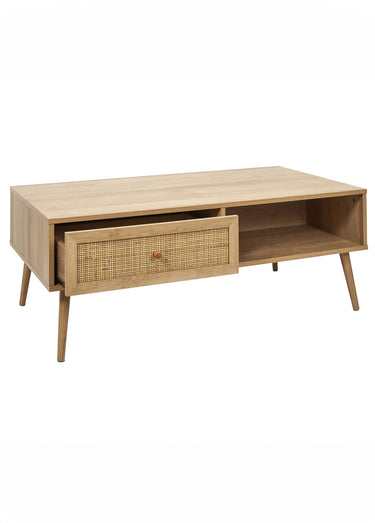 Table basse 1 tiroir, bois et cannage Marron