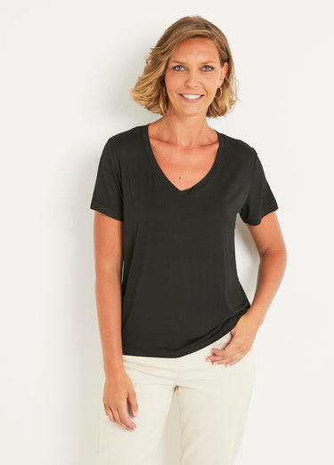 T-shirt fluide col V manches courtes Noir
