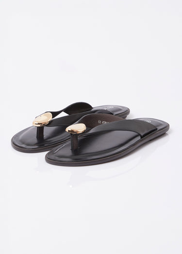 Tongs simili cuir, détail bijou métal Noir