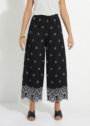 Pantalon large coton brodé taille élastiquée Noir / Blanc