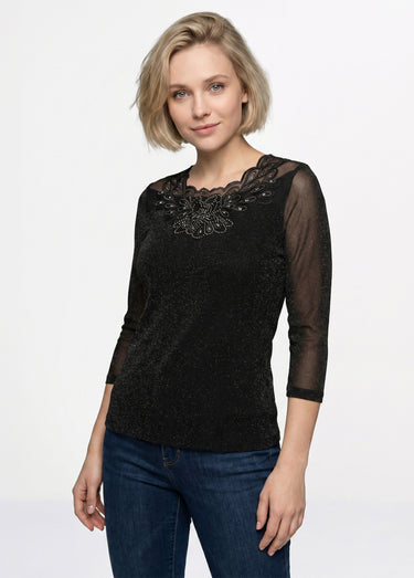 T-shirt manches 3/4 brodé brillant Noir