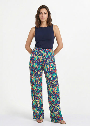 Pantalon fluide taille élastiquée maille Marine/Vert