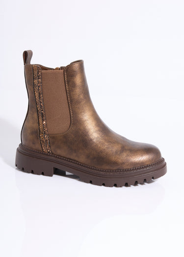 Boots Chelsea crantées détails matières Bronze