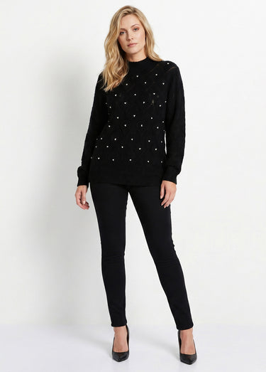 Pull doux ajouré perlé col montant Noir