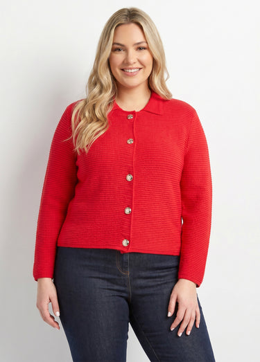 Gilet boutonné uni avec col manches longues Rouge